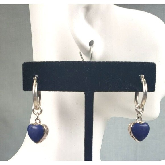 Stirling Silver 925 Lapis Heart Shaped Blue Gemstone Small Hoop Earrings - Picture 3 of 13